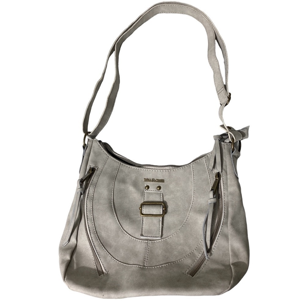 Wallflower grey vinyl crossbody purse 2 zippered slit Coker’s on front. OSP